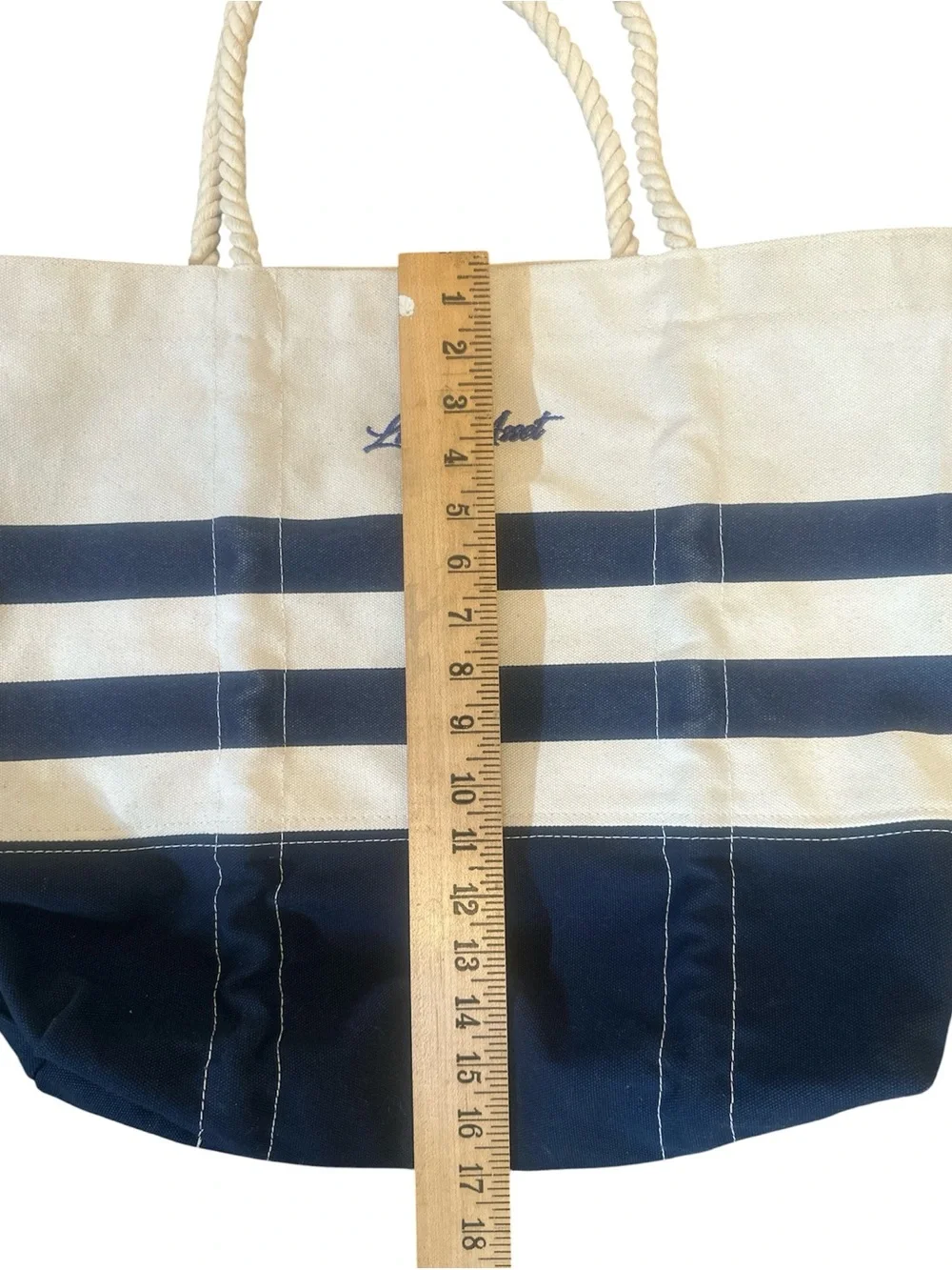 Liquid Asset Boat Tote White Navy Blue Stripe Thick Canvas Rope Handles Nautical